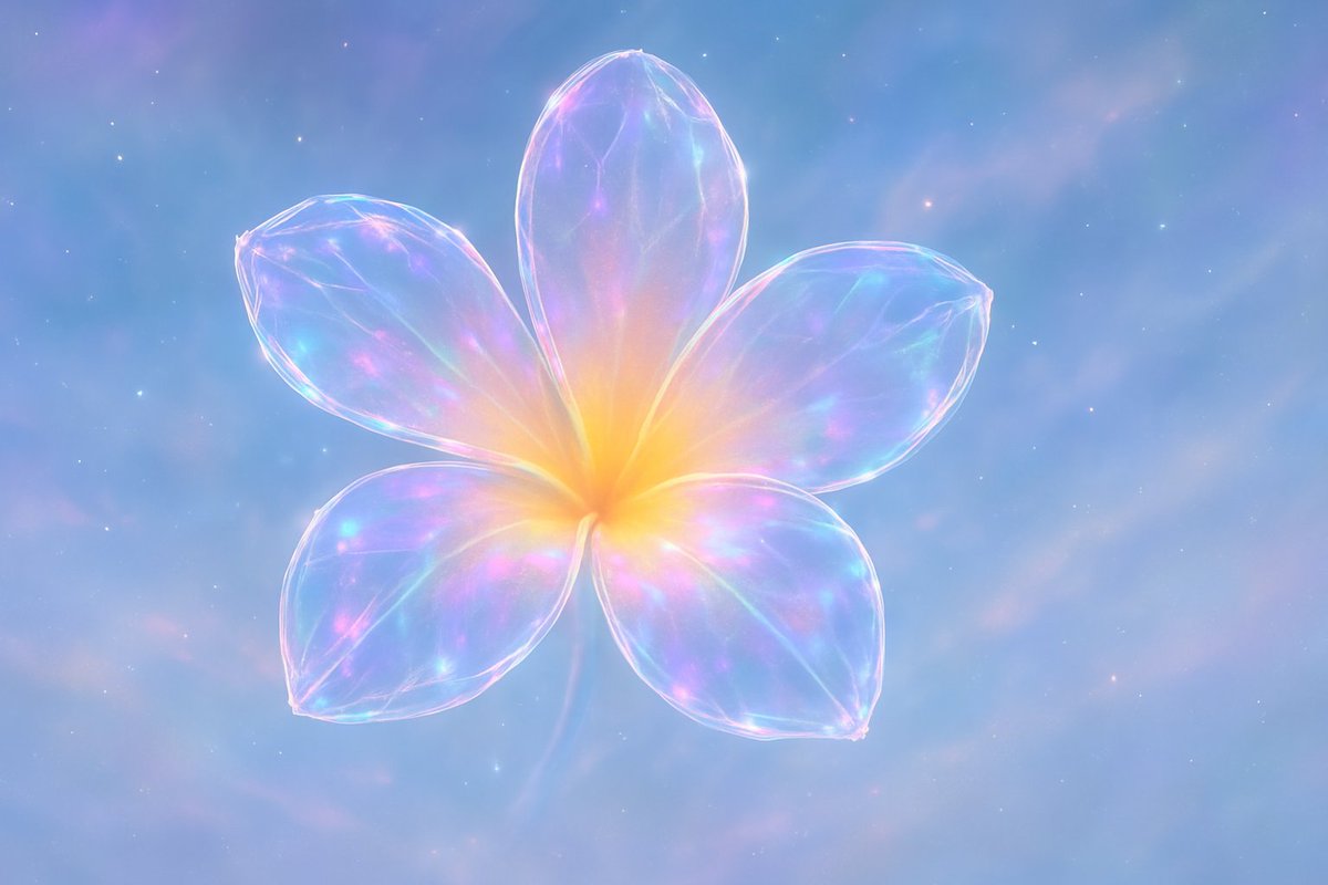 a heavenly plumeria flower, captured in a delicate blend of iridescent colors, petals are transparent, shimmering with a spectrum of light, flower’s core is a subtle glowing radiance, surrounded by soft crystal-clear edges floating gently in a serene chimerical space