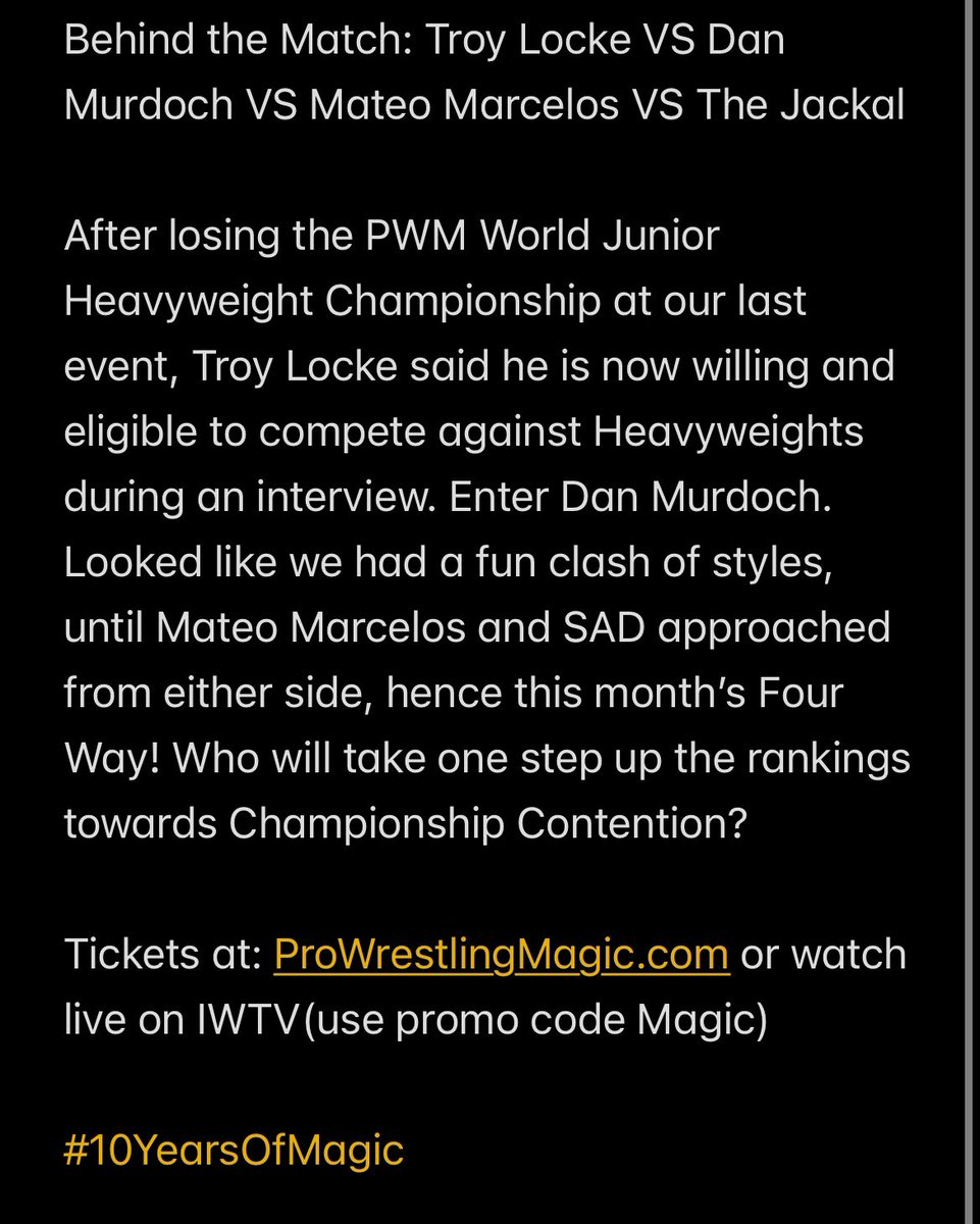 WrestlingMagic's tweet photo. Behind the Match: @TroyLockePro VS @mateo_marcelos VS The Jackal VS Dan Murdoch Tomorrow! 

https://t.co/KlqFXIV8jo @indiewrestling 

#10YearsOfMagic https://t.co/eggG1WqQJP