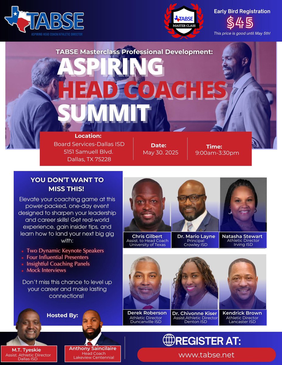 TABSE_Texas (@tabse_texas) on Twitter photo Ready to lead on and off the field?
The Aspiring Head Coaches Summit is where strategy meets leadership. Learn from the best!
From playbooks to principal partnerships—this summit sets you up to win. 🏆
#HeadCoachGoals #LeadershipSummit #CoachLife #TABSE <a href="/saincilaire/">Coach Ant Saincilaire</a> Ready to lead on and off the field?
The Aspiring Head Coaches Summit is where strategy meets leadership. Learn from the best!
From playbooks to principal partnerships—this summit sets you up to win. 🏆
#HeadCoachGoals #LeadershipSummit #CoachLife #TABSE <a href="/saincilaire/">Coach Ant Saincilaire</a>
