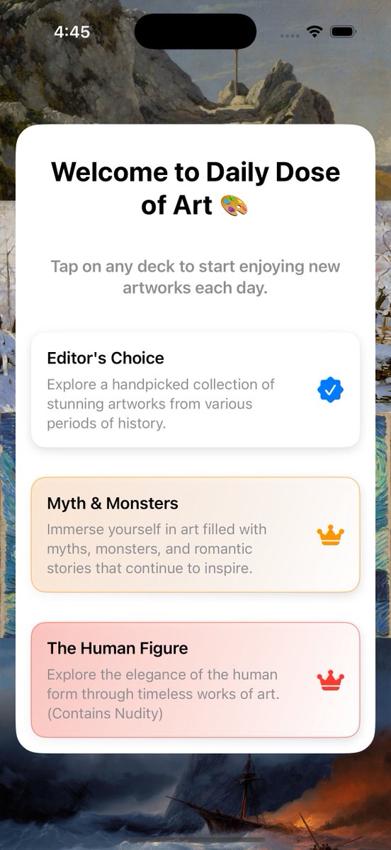 JackWaslen10012's tweet photo. I see a lot of onboarding screens aim for neutral, non-distracting backgrounds..

But sometimes that just makes them feel boring and forgettable.

For my app, I wanted onboarding to feel as vibrant and alive as the art itself.

Thoughts?

#buildinpublic #SwiftUI #artapp #indiedev https://t.co/ljSqw8OWdN