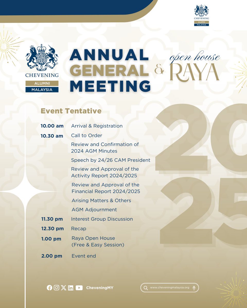 CheveningMY's tweet photo. Register now at https://t.co/vJuUX0MLol or scan the QR code on the poster below ⬇️ 

All members and general alumni are welcome 🤗 

#CheveningAlumniMalaysia #CAM #CheveningMY #AGM2025 #CAMrades #CAMRayaOpenHouse https://t.co/EeTGcZfrGx