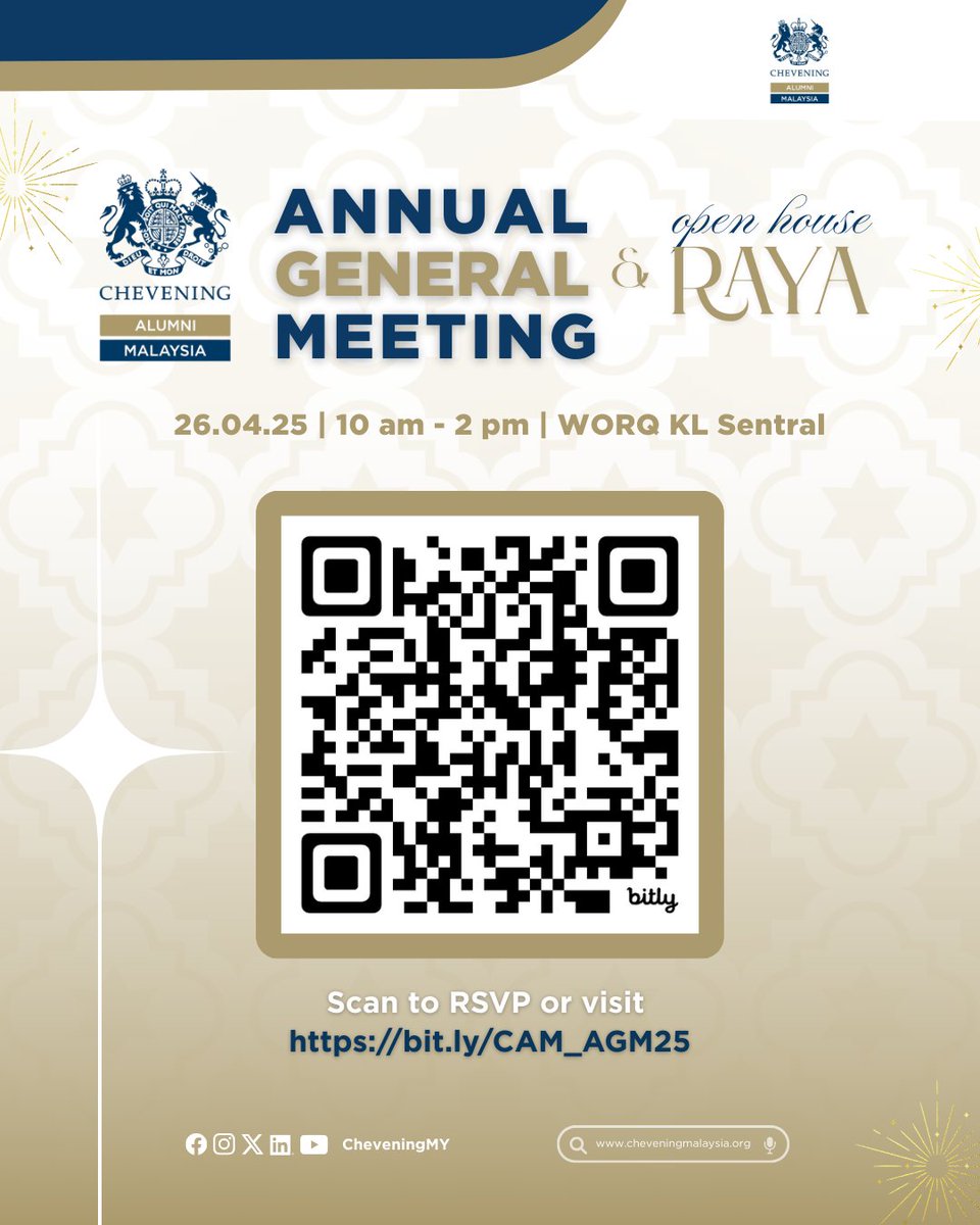 CheveningMY's tweet photo. Register now at https://t.co/vJuUX0MLol or scan the QR code on the poster below ⬇️ 

All members and general alumni are welcome 🤗 

#CheveningAlumniMalaysia #CAM #CheveningMY #AGM2025 #CAMrades #CAMRayaOpenHouse https://t.co/EeTGcZfrGx