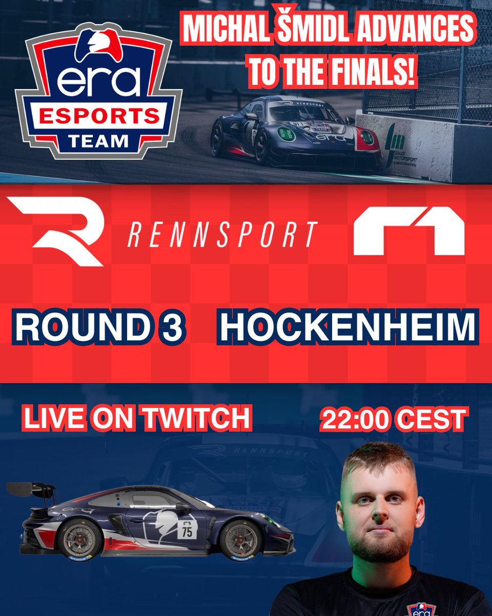 Michal Šmídl reaches the @rennsport_esports Final, a first for ERA, at Hockenheim!

Watch Michal live in ERA Esports first R1 final via the link below 

22:20 CEST 

youtube.com/live/2QPobxhoX…

#eracingassociation #simracing #eracing #r1 #rennsport