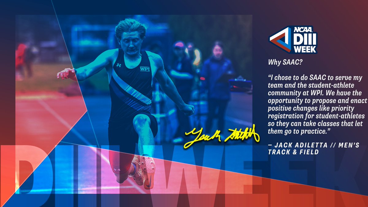 WPIAthletics's tweet photo. Making an impact on and off the track 💥
@WPITrackField's Jack Adiletta shares why he chose to get involved with SAAC — helping student-athletes succeed in the classroom and on the field through advocacy and action!
@NCAADIII
#d3week #ncaad3 #whyd3 #myd3 #goatnation https://t.co/9fvwchHmg3