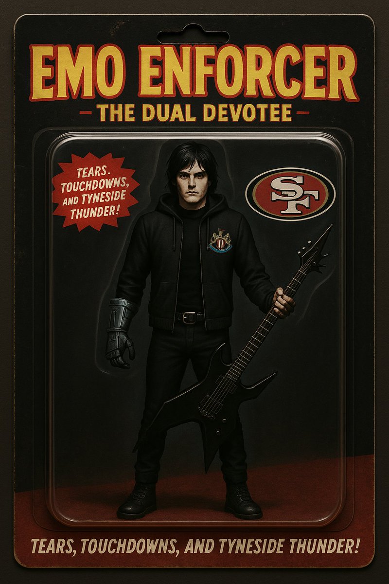 Mr_Perrins13's tweet photo. He bleeds black eyeliner and gold endzones.
Meet EMO ENFORCER: The Dual Devotee — heartbreak in one hand, a touchdown in the other.
Limited edition. Fully emotional.
#ActionFigureDrop #EmoEnforcer #49ersFan #ToonArmy #GerardWayVibes #CustomCollectibles #EmoVibes #NUFC https://t.co/j9plwgIFut