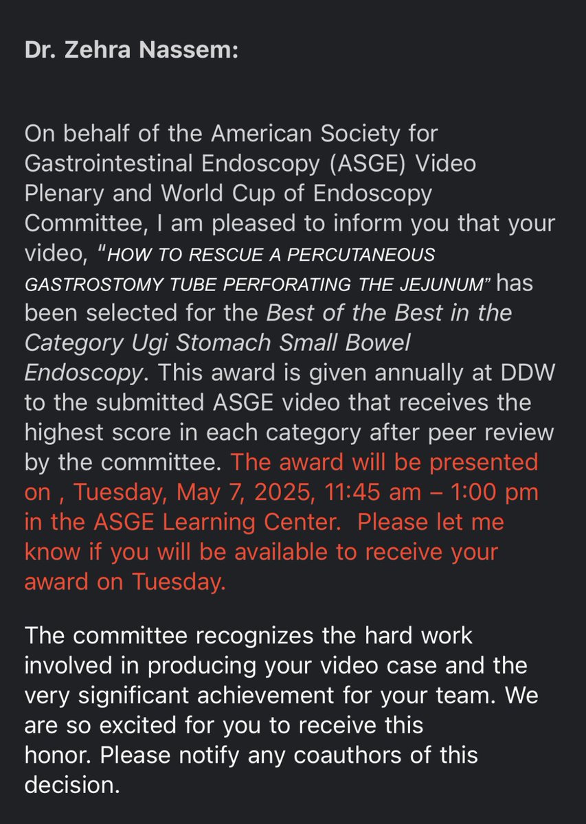 Zehra Naseem (@zehranaseemmd) on Twitter photo Honored to receive the annual 2025 Best ASGE Video award at this year’s <a href="/DDWMeeting/">Digestive Disease Week</a>! 🏆
Grateful to <a href="/ASGEendoscopy/">ASGE GI Endoscopy</a> for this recognition and opportunity.
Always thankful to the support and guidance of my mentors <a href="/SiddikiGI/">Hassan Siddiki MD, MS</a> <a href="/RobertoSimonsMD/">Roberto Simons-Linares, MD</a>
<a href="/CCF_GIFellows/">CCF GI Fellowship</a> <a href="/CCF_IMCHIEFS/">Cleveland Clinic IM</a> Honored to receive the annual 2025 Best ASGE Video award at this year’s <a href="/DDWMeeting/">Digestive Disease Week</a>! 🏆
Grateful to <a href="/ASGEendoscopy/">ASGE GI Endoscopy</a> for this recognition and opportunity.
Always thankful to the support and guidance of my mentors <a href="/SiddikiGI/">Hassan Siddiki MD, MS</a> <a href="/RobertoSimonsMD/">Roberto Simons-Linares, MD</a>
<a href="/CCF_GIFellows/">CCF GI Fellowship</a> <a href="/CCF_IMCHIEFS/">Cleveland Clinic IM</a>