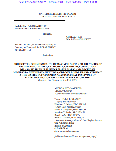 MassAGO's tweet photo. It is disgraceful that the Trump administration is using their “Ideological Deportation Policy” to silence students and faculty for their political beliefs.

I’m co-leading a group of AGs in calling on the courts to block this dangerous policy and protect university communities. https://t.co/5QE81ToZ0m