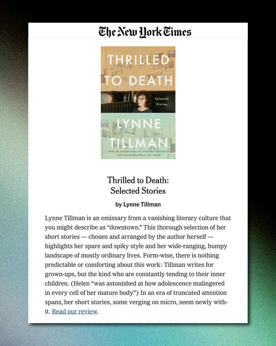 Soft Skull Press (@softskull) on Twitter photo THRILLED TO DEATH by <a href="/glossitis/">Lynne Tillman</a> is a <a href="/nytbooks/">Ryan Ornelas</a> editors' choice! 📚
"In an era of truncated attention spans, her short stories, some verging on micro, seem newly with-it."
buff.ly/enLGGo3 THRILLED TO DEATH by <a href="/glossitis/">Lynne Tillman</a> is a <a href="/nytbooks/">Ryan Ornelas</a> editors' choice! 📚
"In an era of truncated attention spans, her short stories, some verging on micro, seem newly with-it."
buff.ly/enLGGo3