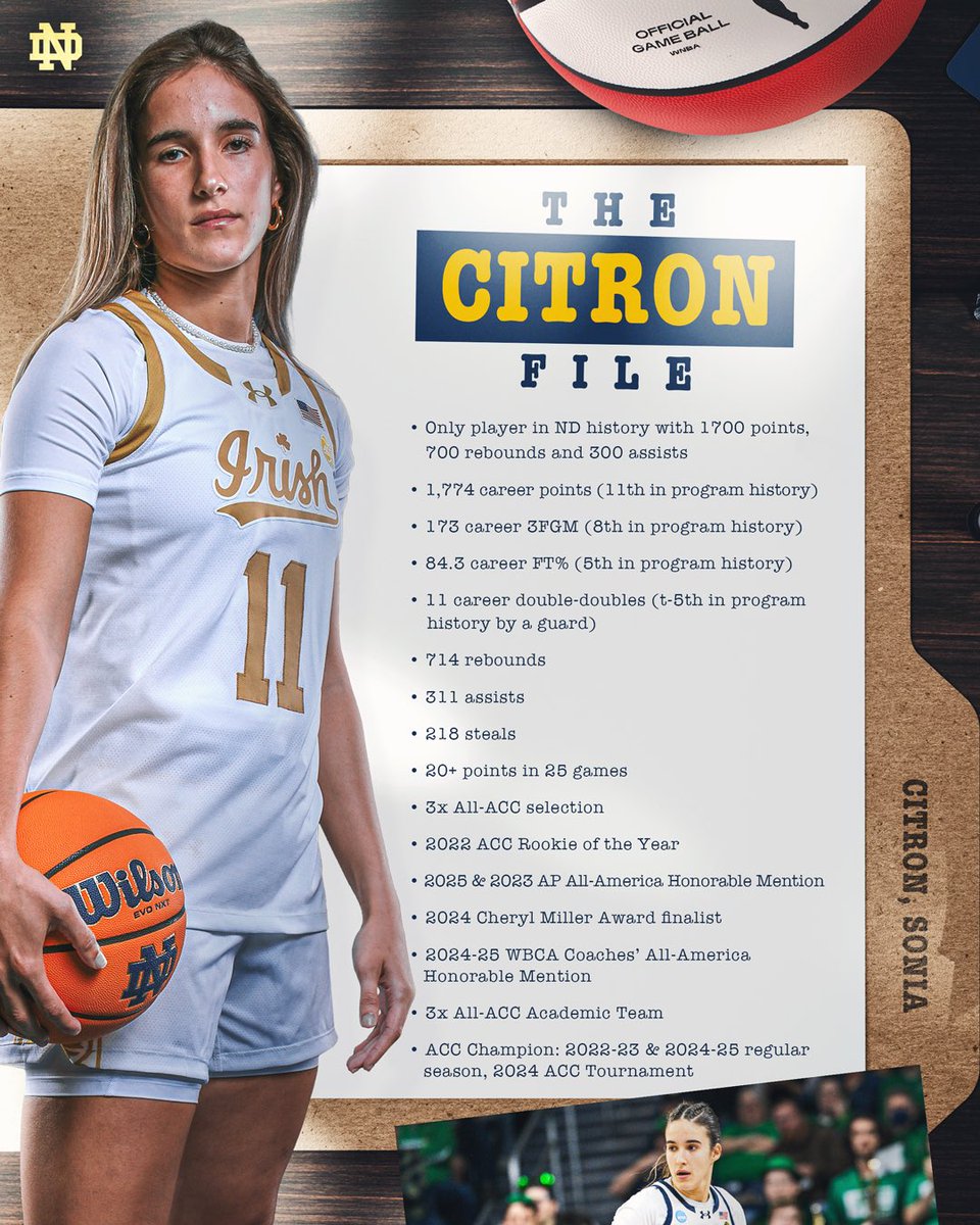 Stacked résumé. Stacked legacy.

<a href="/CitronSonia/">Sonia Citron</a> is officially <a href="/WNBA/">WNBA</a> Draft bound.

#GoIrish