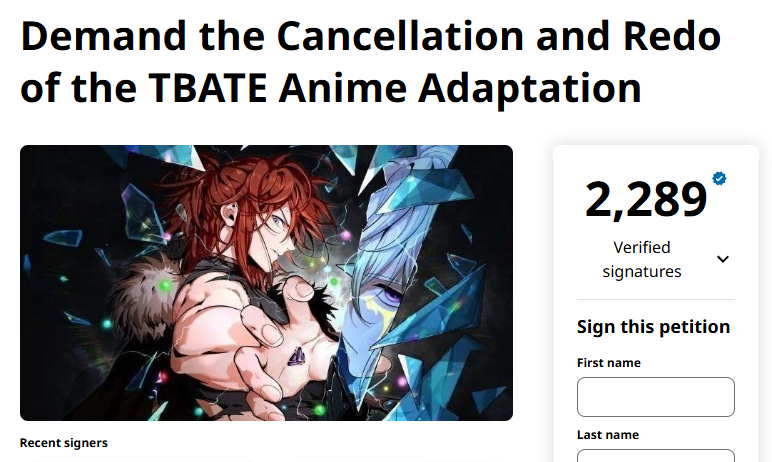 They actually started a petition to cancel the TBATE anime adaptation… and it already has over 2,000 signatures 😭