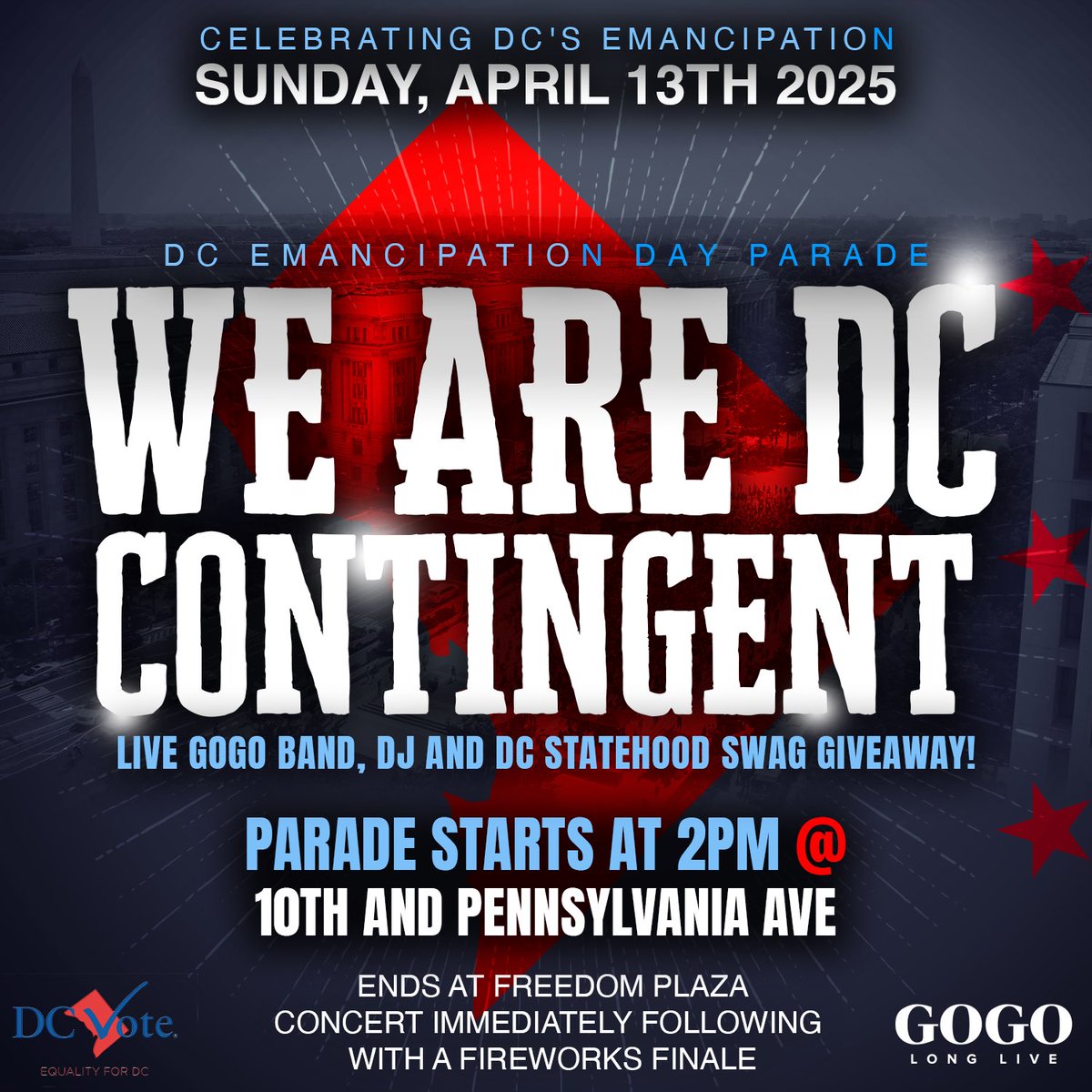DCVote's tweet photo. Join us for the DC Emancipation Day Parade this Sunday, April 13th, in collaboration with Long Live GoGo! DC was the 1st to free the enslaved, but we’re still not free without a true voice in Congress. DM us to march for DC Statehood! #FreeDC #GoGoForStatehood #DCEmancipationDay https://t.co/4o4tdVFY9G