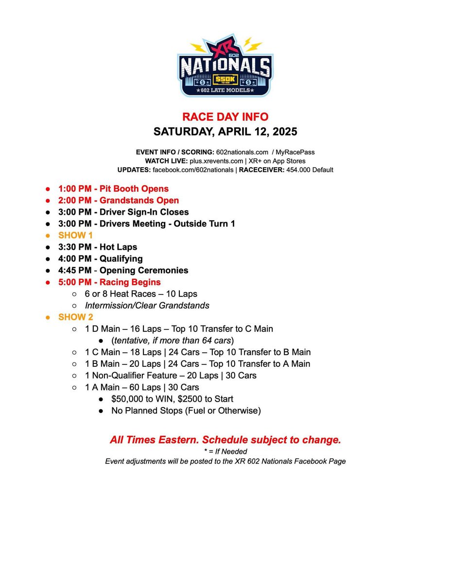 The 🌧️ claimed Day ✌🏼of the XR 602 Nationals! 

Here’s the new schedule for tomorrows event! Come see us! 🏁🏁