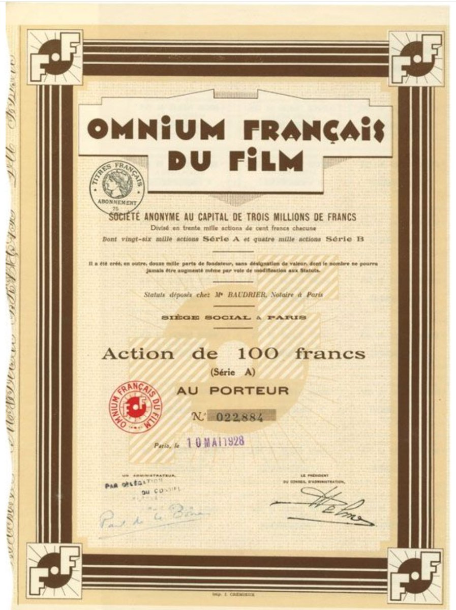 From the Origins of Value Virtual Museum: Bond for Omnium Francais Du Film Company. Share for 100 francs. No. 022884, signed in Paris on May 10, 1928. bit.ly/3EiBRSu  #ICF_FinancialHistoryFriday