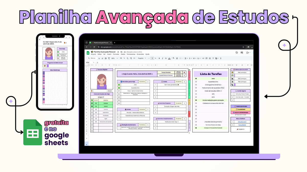 estuda_mel's tweet image. 📊 Planilha Avançada GRATUITA [Google Sheets]
💻 Para: Vestibular, Concurso Público e outras provas

⟡ Destaques:
⭑ Organizador Diário de Estudos Automático
⭑ Caderno de Erros (Questões e Redação)
⭑ 4 Opções de Cores
⭑ Sugestão de Estudos
⭑ Revisão Espaçada
