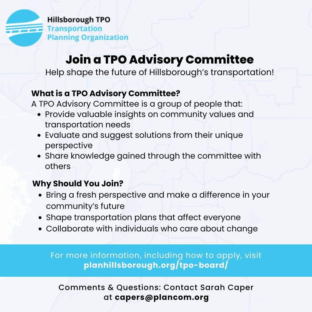 Want to make a real impact on the transportation planning process? Join one of our TPO Advisory Committees! To learn more about this opportunity and apply visit our website: buff.ly/Be5tcuZ
#HillsboroughTPO #TransportationPlanning