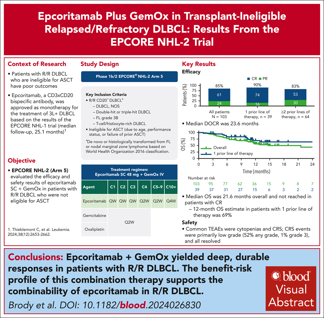 BloodPortfolio's tweet photo. Epcoritamab, a CD3×CD20 bispecific antibody, plus GemOx yields deep, durable responses in second-line or later ASCT-ineligible R/R DLBCL. https://t.co/QcFAPhUqDd #clinicaltrialsandobservations #immunobiologyandimmunotherapy #lymphoidneoplasia https://t.co/Vquwhl5BZU