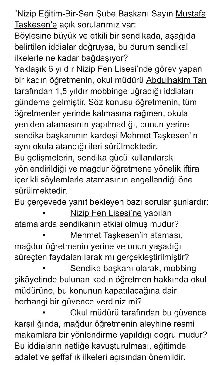 ErdincAlgz's tweet photo. 🔴Nizip Fen Lisesi’nde “Çirkin pazarlık iddiaları” açıklama bekliyor ! 
.
#eğitim #sendika #nizip @tcmeb @NizipilceMEM @nizipfen27 @Cgnde @MTaskesen @erdalkilinc27 @tcbestepe @FatmaSahin @GaziantepOlay @GundemiAntep27 @niziphaberler @gantepvaliligi @EgitimBirSen @nizipgovtr https://t.co/6rDmmpWkQq