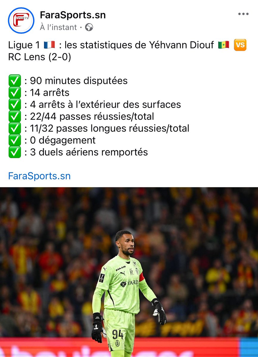 FaraSports1's tweet photo. Quel match de Yehvann Diouf contre le RC Lens ! Le portier international sénégalais a fait 14 arrêts.
#kebetu #Sénégal https://t.co/SrRzDn6jj5