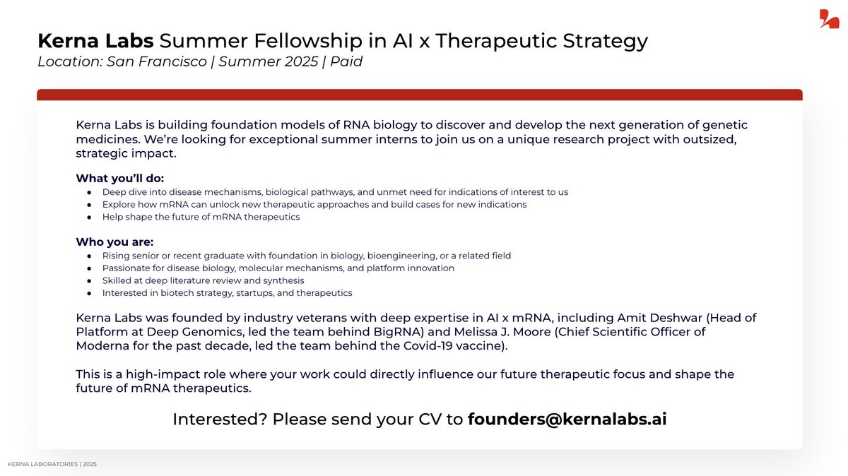 We're hiring summer fellows for a unique, high-impact role! DM or email if you have a strong biology foundation and want to 1) dive into disease mechanisms and 2) explore how mRNA can unlock new therapies outside of infectious disease.