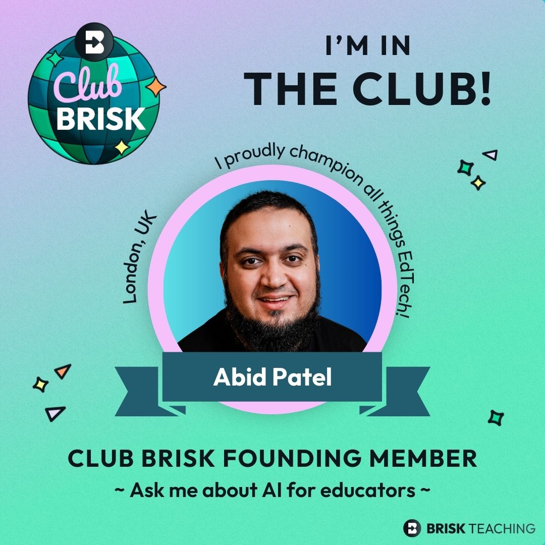 ⭐ Brisk Teaching has truly taken the EdTech world by storm &amp; is helping teachers to save time &amp; take teaching and learning to the next level! 💪

🥳 Today, I'm delighted to become one of the founding members of Club Brisk! 🙌

#ClubBrisk #BriskTeaching #AI #EdTech #Education