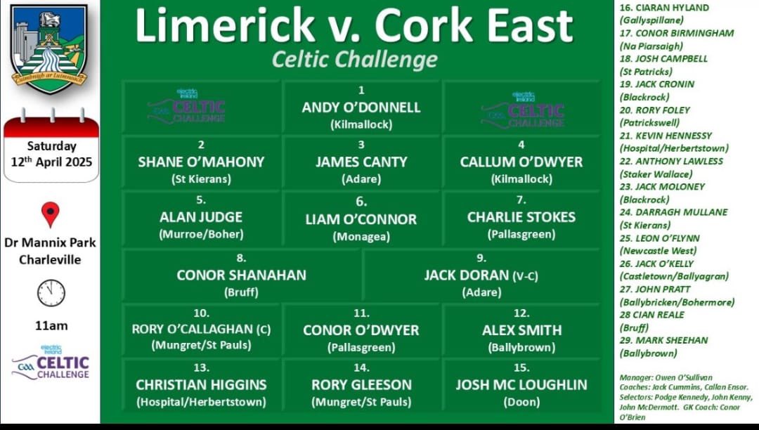 AdareGAA's tweet photo. Best of luck to u17 hurlers James Canty and Jack Doran playing for Limerick Celtic Challenge side versus Cork tomorrow🟥⬛️ https://t.co/SwqOII0XTa