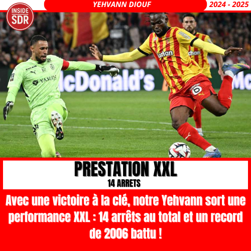 InsideSDR_'s tweet photo. 🧱 Muraille Diouf à Bollaert !
Avec 14 arrêts, Yehvann sort une performance historique et bat un record vieux de 2006 🔥
Un match XXL pour sécuriser une victoire précieuse !
#YehvannDiouf #SDR #RCLSDR #Ligue1 #Record #14Arrêts #TeamSDR #Reims #GardienMuraille #CleanSheet https://t.co/nw6E9xv68R