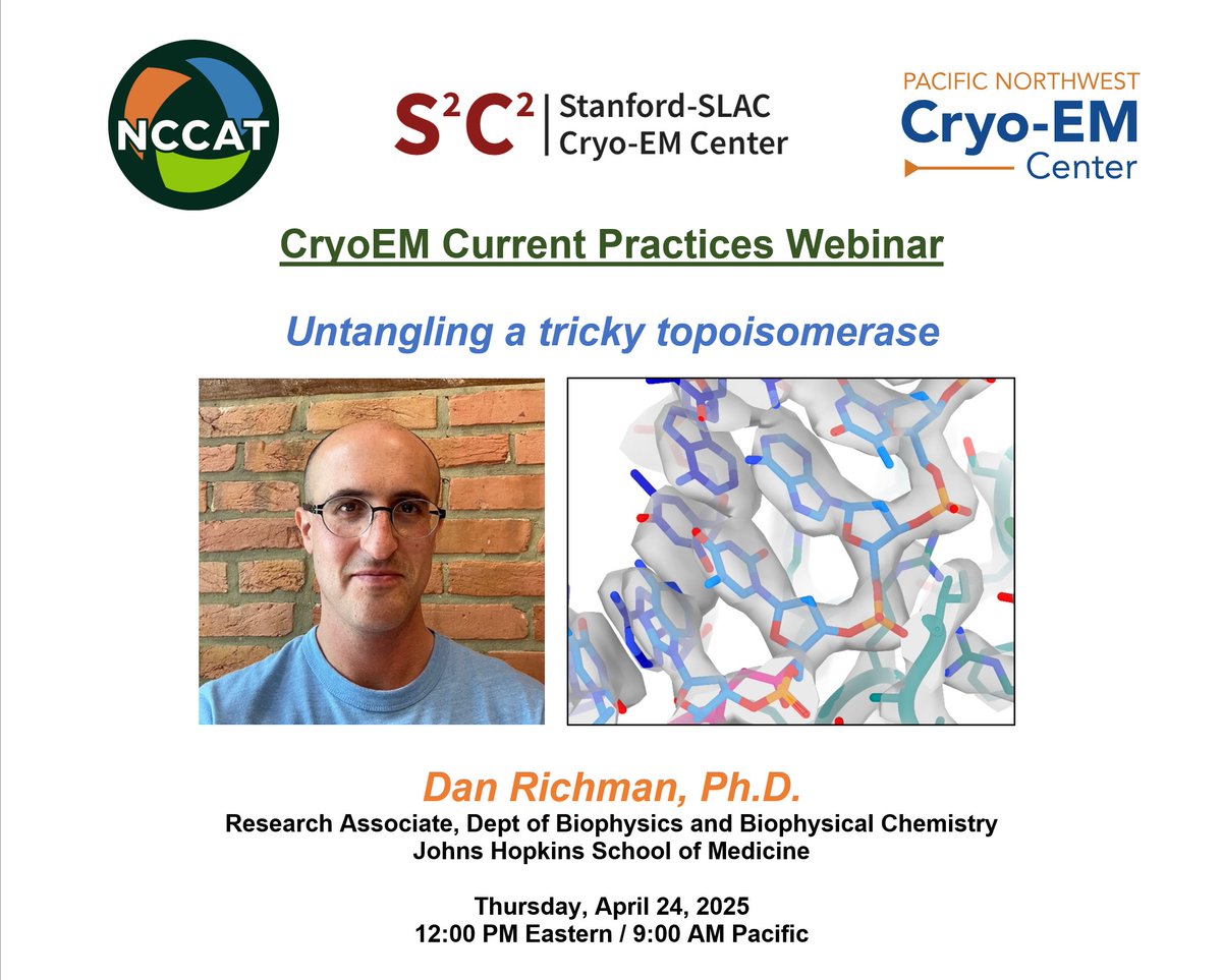 CryoEM_PNCC's tweet image. Please join the National Cryo-EM Centers for our April 24th, 2025 CryoEM Current Practices Webinar. Dr. Dan Richman will discuss &quot;Untangling a tricky topoisomerase.&quot; Register for free at: cryoemcenters.org/events/