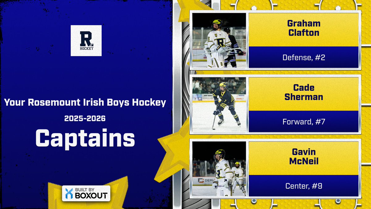 📣 CAPTAINS ANNOUNCEMENT 🏒🔥

The votes are in. The locker room has spoken.
Your RHS Irish Boys Hockey leaders for the 25-26 season are:

Captain: #2 Graham Clafton, #7 Cade Sherman, and #9 Gavin McNeil

These players lead by example on and off the ice.
Skate hard. Lead louder.