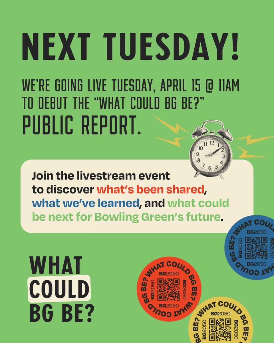 We're going live Tues. April 15 @ 11A to debut the “What Could BG Be?” public report!

Over 4,000 ideas &amp; more than 1,000,000 community responses have been gathered.

Join the livestream event on our FB page to discover what's been shared, what we've learned, &amp; what may be next.