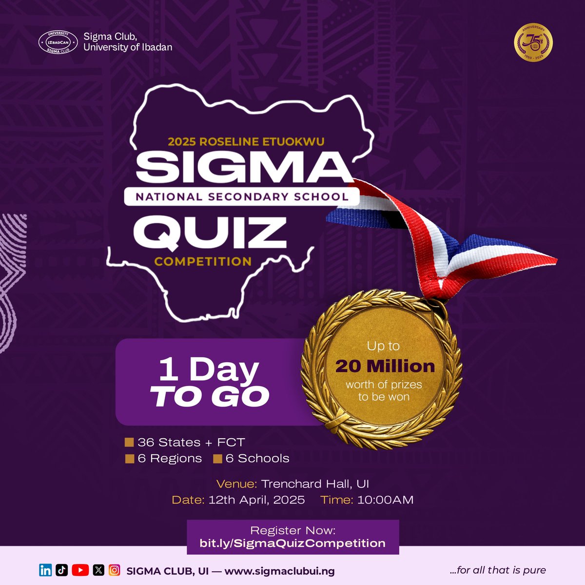 _sigmaclub_ui's tweet photo. Tomorrow, over 20 Million Naira in prizes await the sharpest minds π₯π₯π
Be there to witness intellect in motion!
Register now via; https://t.co/vdNSlaBDHs
#SigmaQuiz
#SigmaClubUI
#SigmaClubAt75
#NationBuilding
#PhilanthropyBuilding https://t.co/ipsxjcm506
