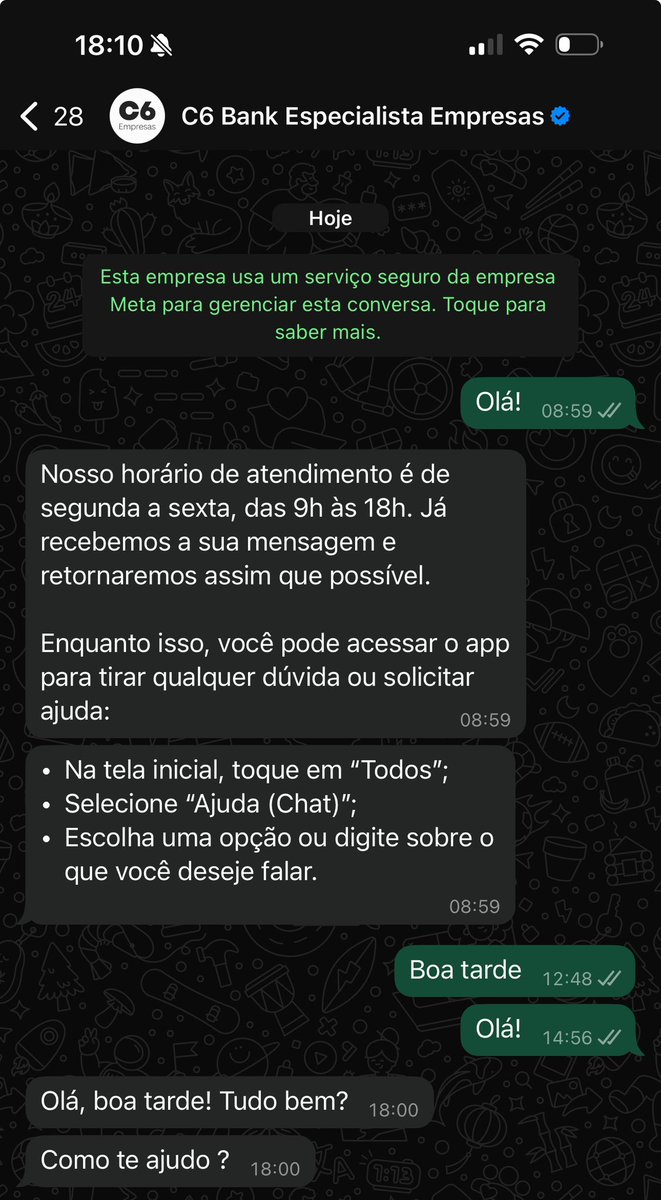 dieguinho_conca's tweet photo. A @C6Bank só pode estar de sacanagem, a gente precisa de suporte para resolver um problema e eles respondem as 18:00 que é o horário limite de atendimento.
Que desrespeito com o Cliente e consumidor. https://t.co/PFbRRwfcoP