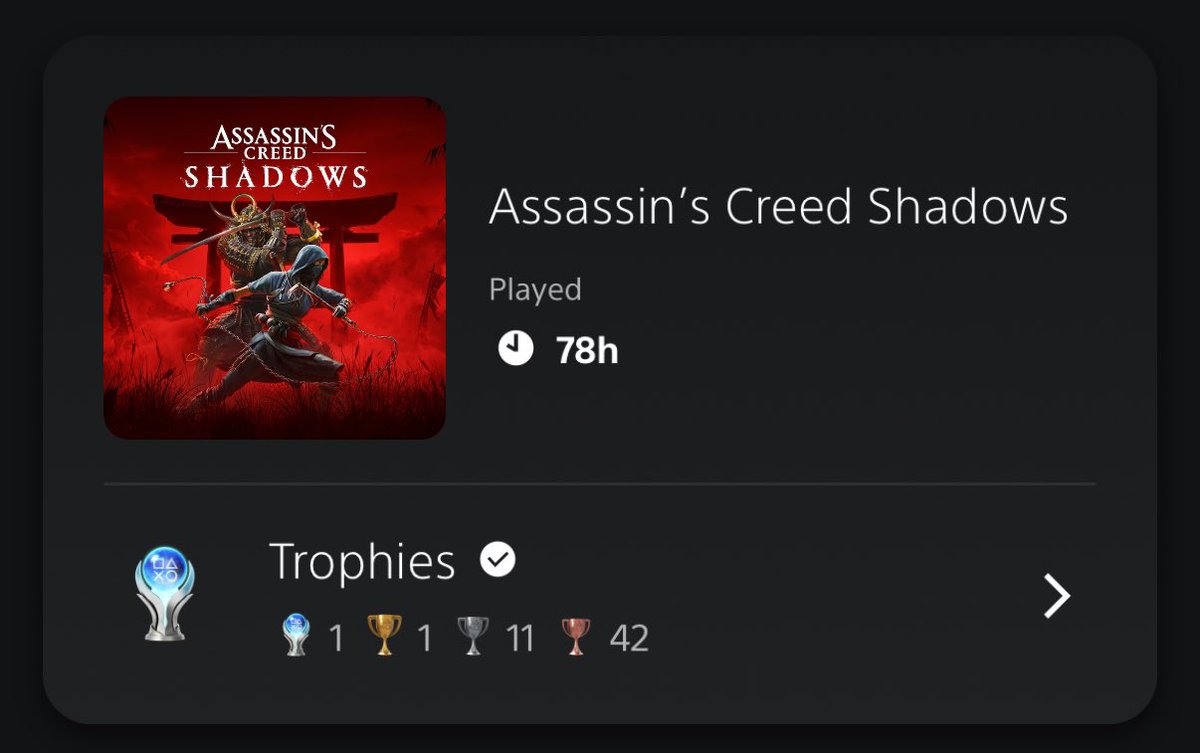 Platinum complete!

AC Shadows was awesome!

Thanks to <a href="/UbisoftANZ/">Ubisoft ANZ</a> for the early access 🙏

Platinum video coming on the 2nd channel soon!

youtube.com/@twistedtrophi…
