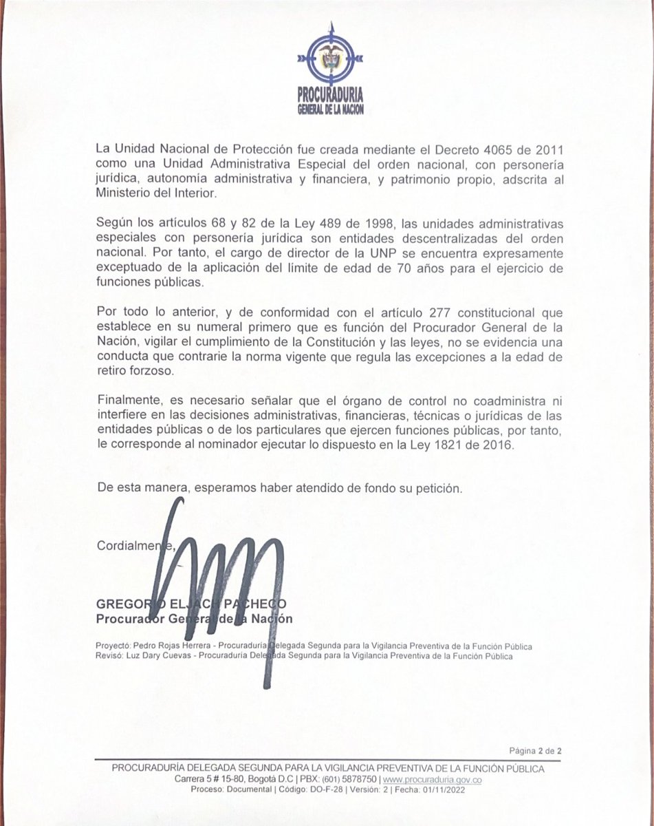 Procurador General le aclara a sindicalista, que el cargo de director de la UNP está exceptuado del retiro forzoso por edad.

La precisión sobre el no retiro forzoso del director de la UNP, por haber cumplido los 70 años, ha generado una delirante andanada de mensajes...