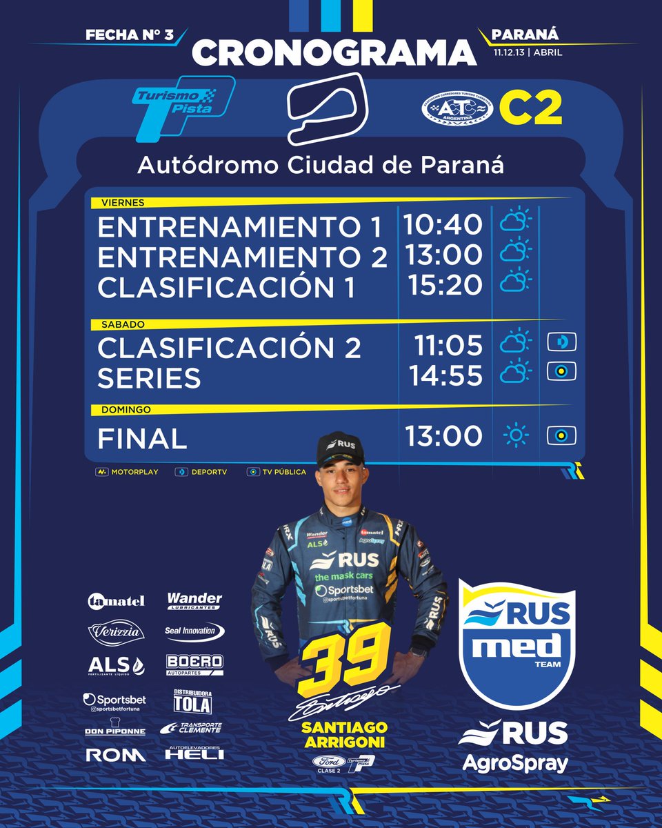 Rus Med Team (@rusmedteam) on Twitter photo โฑ๏ธ CRONOGRAMA
<a href="/TurismoPista/">Turismo Pista</a>
โ๏ธ <a href="/matiascanapino/">Matias Canapino</a>
โ๏ธ <a href="/Sanarrigoni/">sฤn</a>
๐ท <a href="/consultoramed/">Consultora Med</a>
<a href="/mauromedina74/">Mauro Medina</a>
@cruzzettiracing
<a href="/carlos_serpero/">Carlos Serpero</a>
๐ #MasQueUnEquipo
<a href="/ruseguros/">ruseguros</a>
<a href="/RUSDeportes/">RUS Deportes</a>
<a href="/AgroSprayAR/">AgroSpray</a>
<a href="/WanderLub/">Wander Lubricantes</a>
<a href="/Exintrader/">Exintrader SA</a>
<a href="/AgriLiquid/">Agri Liquid Solutions Argentina</a>
#Verizzia
#SealInnovation
#Boero โฑ๏ธ CRONOGRAMA
<a href="/TurismoPista/">Turismo Pista</a>
โ๏ธ <a href="/matiascanapino/">Matias Canapino</a>
โ๏ธ <a href="/Sanarrigoni/">sฤn</a>
๐ท <a href="/consultoramed/">Consultora Med</a>
<a href="/mauromedina74/">Mauro Medina</a>
@cruzzettiracing
<a href="/carlos_serpero/">Carlos Serpero</a>
๐ #MasQueUnEquipo
<a href="/ruseguros/">ruseguros</a>
<a href="/RUSDeportes/">RUS Deportes</a>
<a href="/AgroSprayAR/">AgroSpray</a>
<a href="/WanderLub/">Wander Lubricantes</a>
<a href="/Exintrader/">Exintrader SA</a>
<a href="/AgriLiquid/">Agri Liquid Solutions Argentina</a>
#Verizzia
#SealInnovation
#Boero