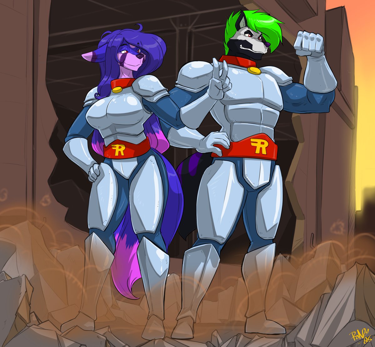 When danger is near only one group can save the day... The Road Rovers!

Here we have ReeFur and Ms Violet posing as heros do after winning a battle. I am sure everyone is fine but evil never rests and neither do the heros!
🎨By <a href="/shonuff44/">ShoNUFF-44</a>