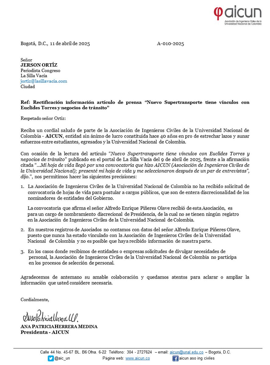 Aclaración información artículo de prensa “Nuevo Supertransporte tiene vínculos con Euclides Torres y negocios de tránsito”