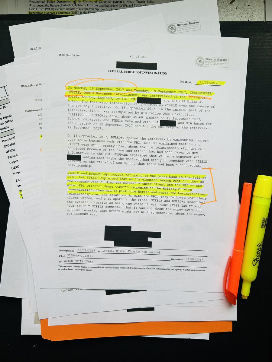 C__Herridge's tweet photo. RUSSIAGATE BINDER 

Joint review nearly 700 pages @shellenberger @galexybrane 

FBI interview: Christopher Steele Calls President Trump “Main Opponent”

26 page FBI summary Christopher Steele 2017 interview provides more granularity  about Steele’s relationship with the bureau, his personal dislike of President Trump as well as eye-popping expense reports.

According to the interview, Steele and his business partner “apologized for going to the press in the fall of 2016.” 

The 2016 media reports about the dossier were cited in the FBI’s FISA applications for Trump campaign aide Carter Page.  This is know as “circular reporting.”

Further, Steele and his business partner “described President Trump as their ‘main opponent.’”

Russiagate Binder includes Steele expense reports. July 2016 payment request documents an “Aggregate Total Paid: $74,000.00”

More analysis this weekend for subscribers!