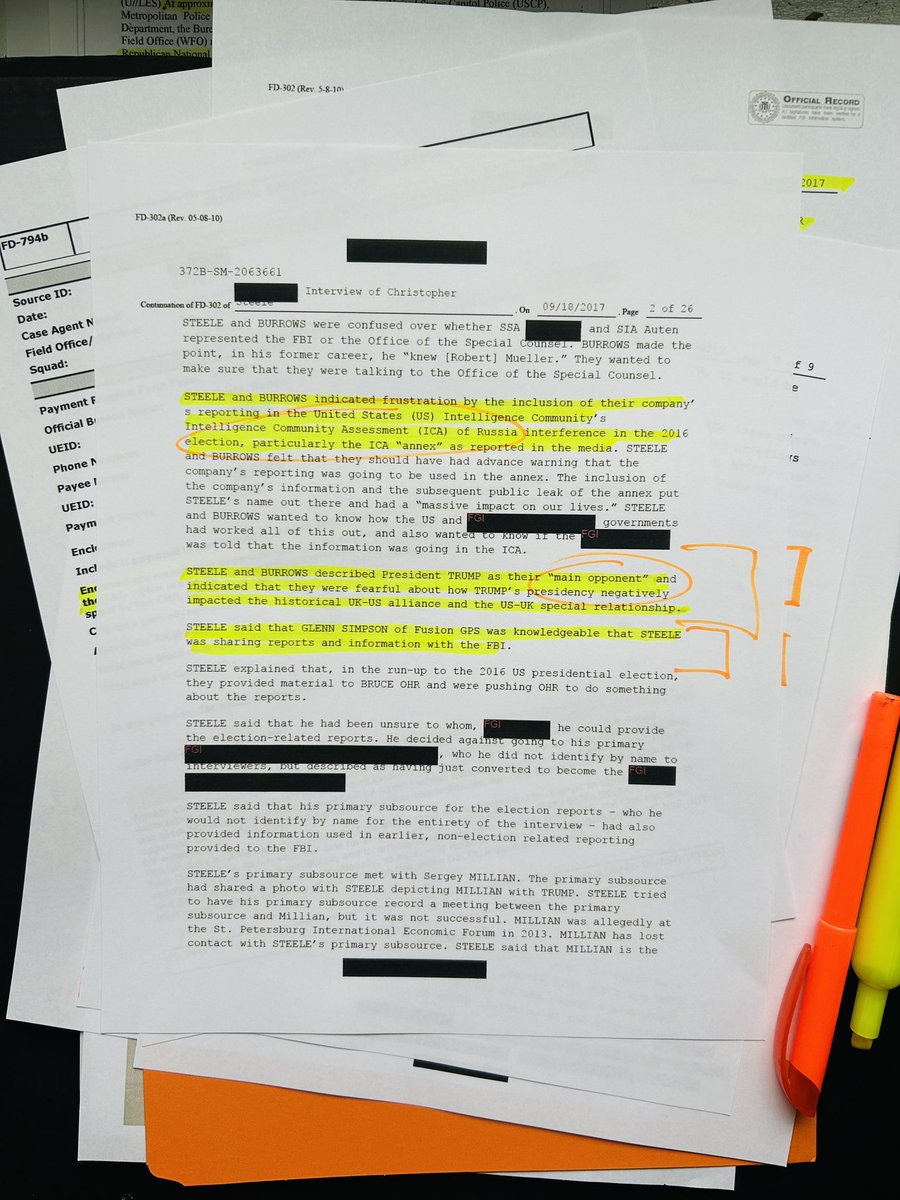 C__Herridge's tweet photo. RUSSIAGATE BINDER 

Joint review nearly 700 pages @shellenberger @galexybrane 

FBI interview: Christopher Steele Calls President Trump “Main Opponent”

26 page FBI summary Christopher Steele 2017 interview provides more granularity  about Steele’s relationship with the bureau, his personal dislike of President Trump as well as eye-popping expense reports.

According to the interview, Steele and his business partner “apologized for going to the press in the fall of 2016.” 

The 2016 media reports about the dossier were cited in the FBI’s FISA applications for Trump campaign aide Carter Page.  This is know as “circular reporting.”

Further, Steele and his business partner “described President Trump as their ‘main opponent.’”

Russiagate Binder includes Steele expense reports. July 2016 payment request documents an “Aggregate Total Paid: $74,000.00”

More analysis this weekend for subscribers!