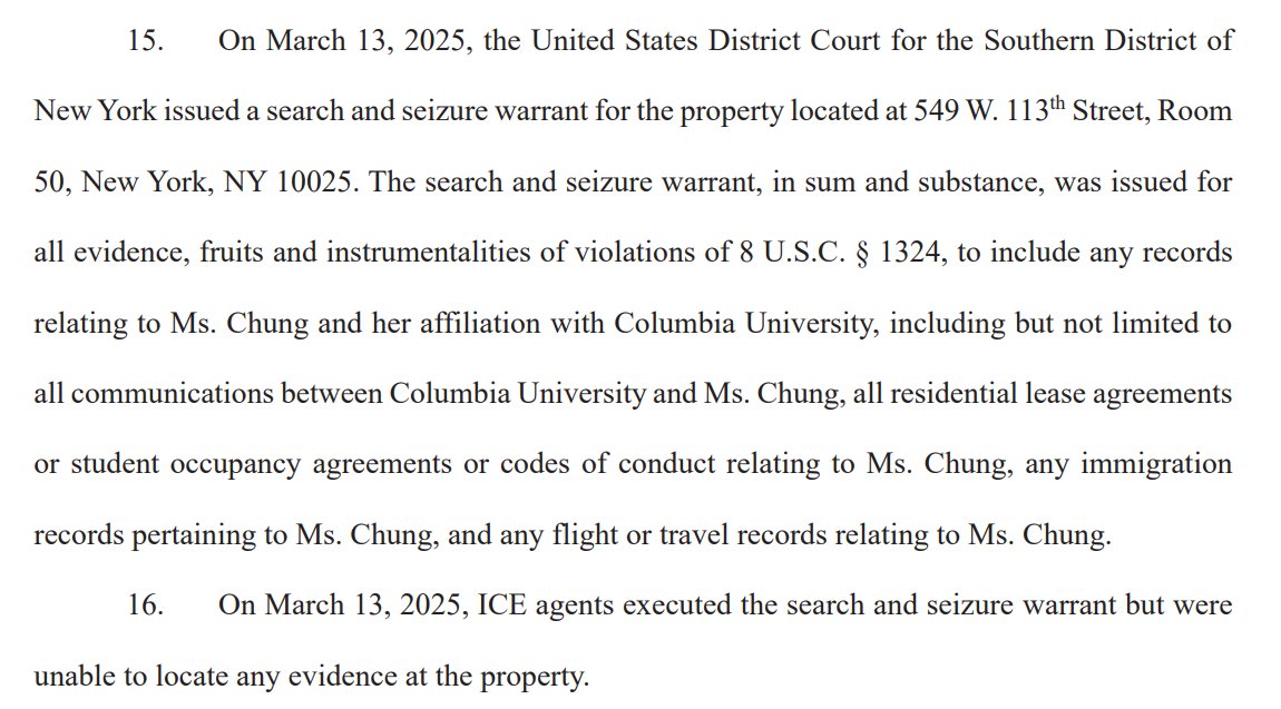 WOW. ICE essentially admits to having fraudulently obtained a criminal warrant against Columbia University for an "investigation" for "harboring" undocumented immigrants while seeking to arrest Yunseo Chung, who has a green card!

You can't "harbor" someone here legally!
