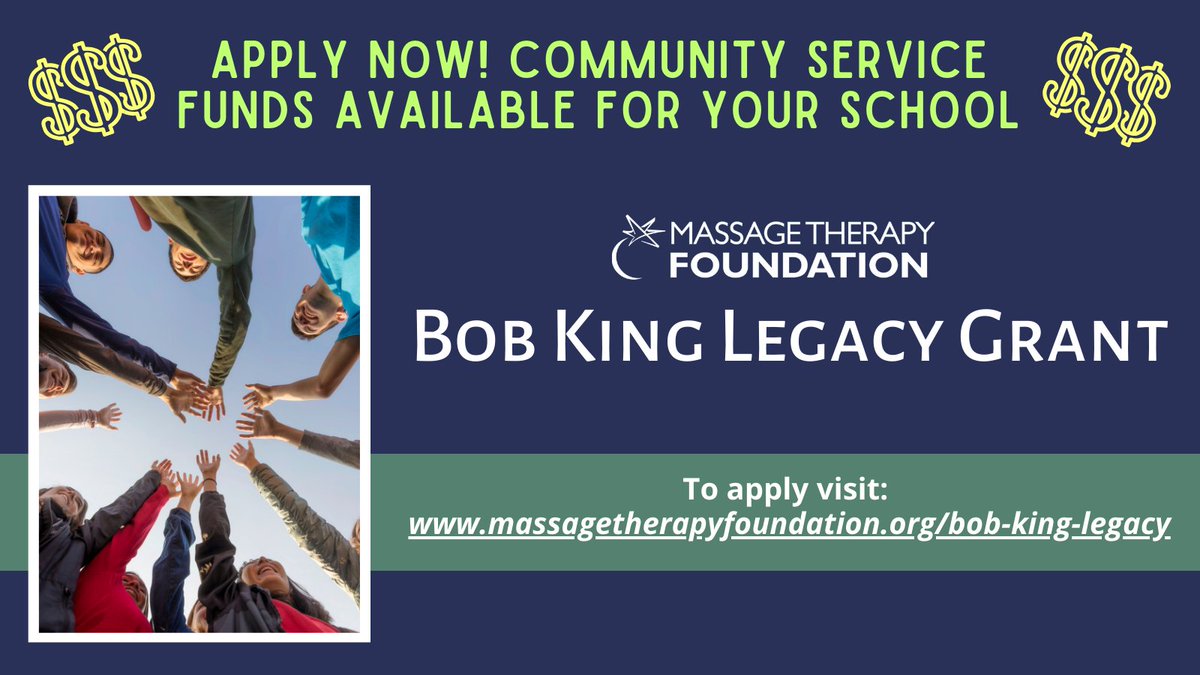 Does your school have a program providing service to your community—or are you seeking funds to begin one? MTF’s Bob King Legacy grant helps MT students give back locally. Learn more: bit.ly/3Tv4OxX #massageschool #massagestudent #massagecommunityservice