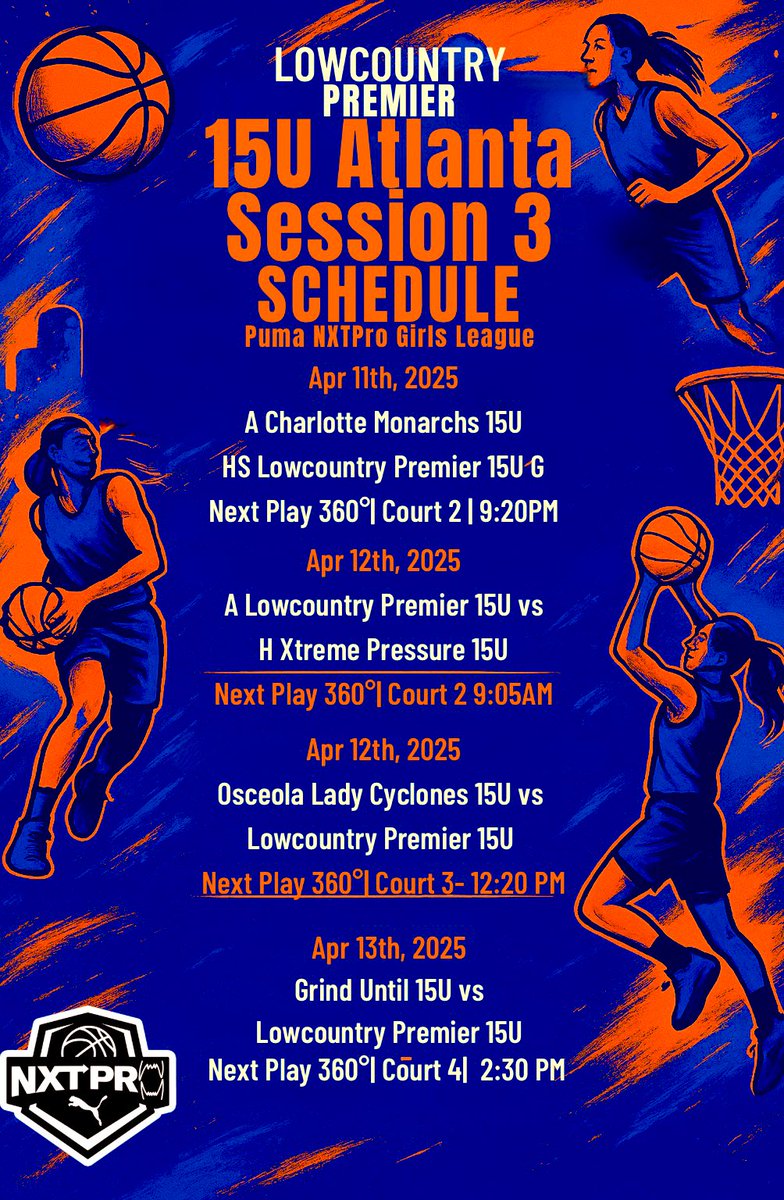 Lowcountry Premier Basketball (@lpba_basketball) on Twitter photo Schedule for Lowcountry Premier 15U at the Puma NXTPro16 Atlanta Session 3.
#lockedIn <a href="/PRO16G/">NXTPRO Girls League</a> Schedule for Lowcountry Premier 15U at the Puma NXTPro16 Atlanta Session 3.
#lockedIn <a href="/PRO16G/">NXTPRO Girls League</a>