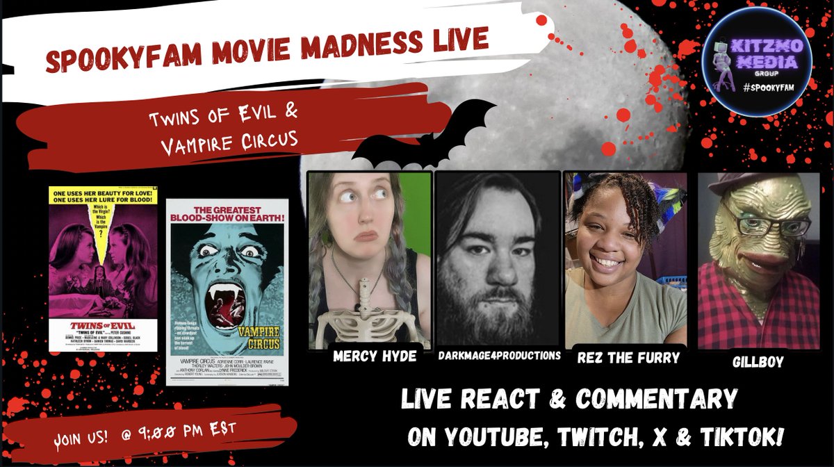 Mercy_HydeKMG's tweet image. Hey #spookyfam! I&apos;m still in a lot of pain today so we will do our RETURN to streaming tomorrow night with a DOUBLE Feature! Twins of Evil &amp;amp; Vampire Circus @ 9PM Est! I need to rest the rest of tonight. Thank you for understanding. 

Co-hosted by: @darkmage4pro  @gillboy420…