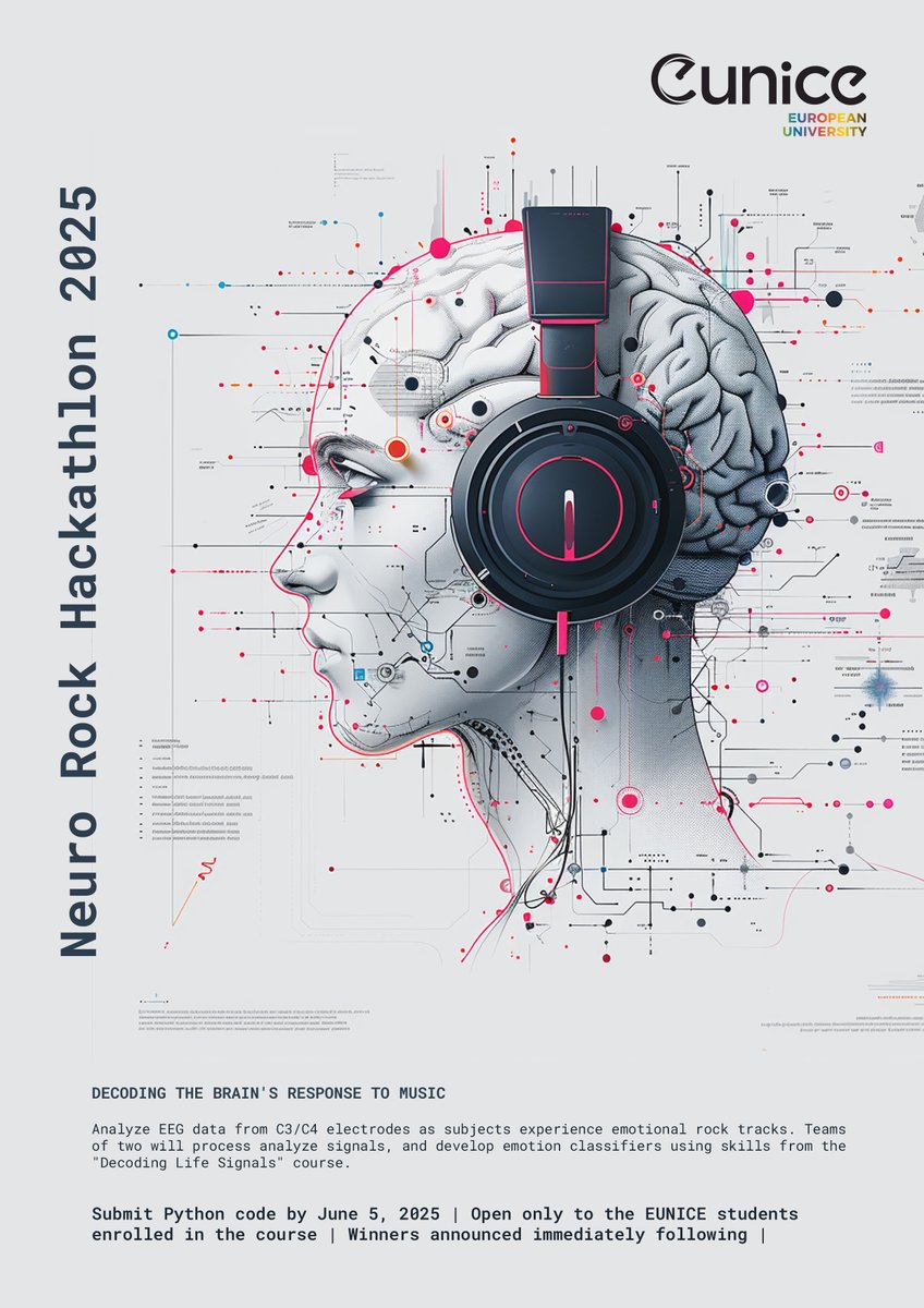sippre's tweet photo. @SIPPRE_Group invites @EUNICE_uni_  students to decode emotional brain responses to rock music using EEG data. Explore alpha asymmetry, build classifiers &amp; predict music-induced emotions.
Deadline: June 5, 2025 
Contact: Assoc. Prof. A.Koutras @ThaKoutras 
#Neuroscience #BCI https://t.co/kdv3qah6ql