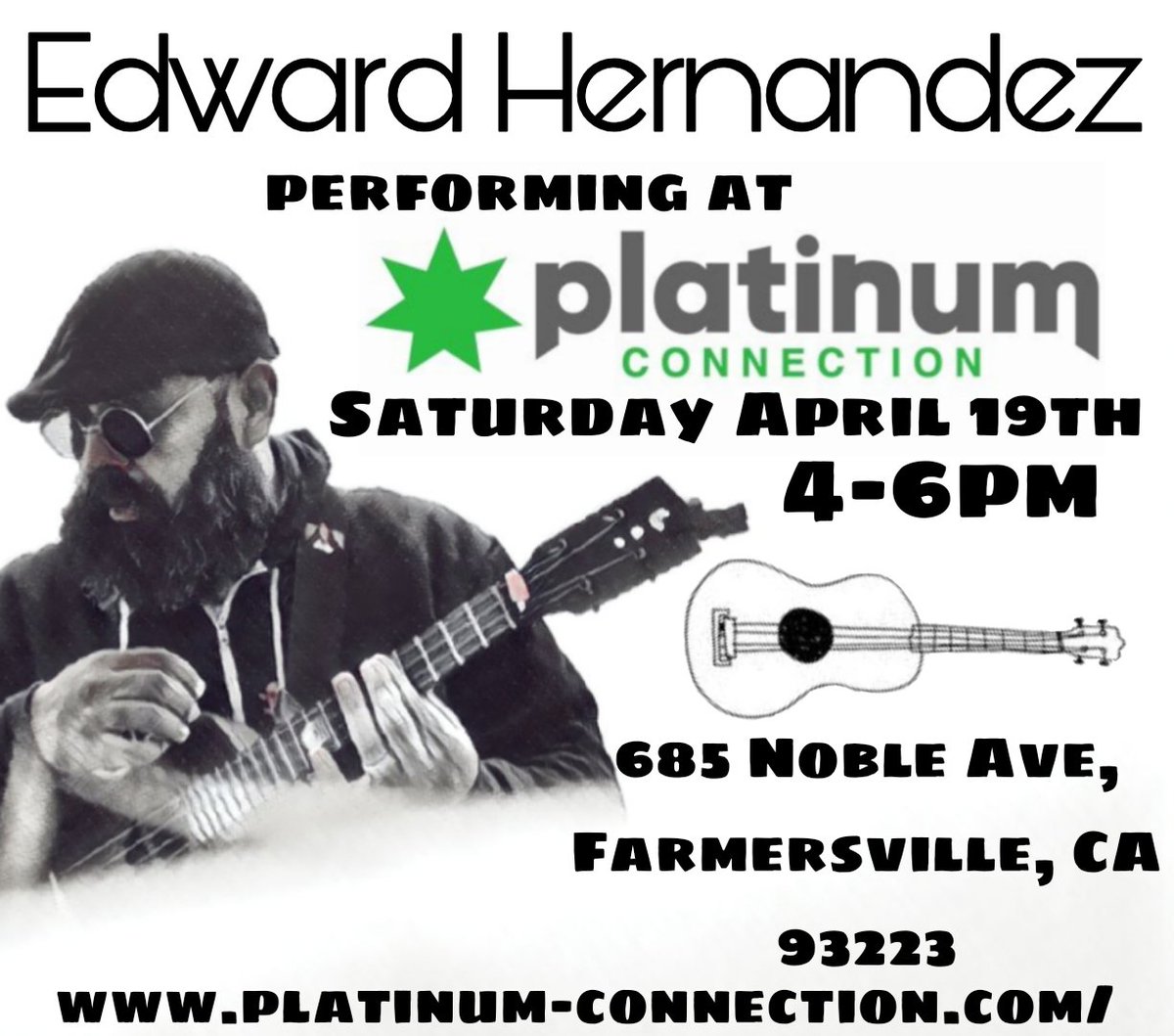To celebrate 420 weekend, I'll be performing in Farmersville CA at Platinum Connection dispensary starting at 4pm Come out and check out all the awesome products they have. I'll be throwing down some music on the four strings. Come out and say hello. Saludos!!! 
#TheBeardedUke