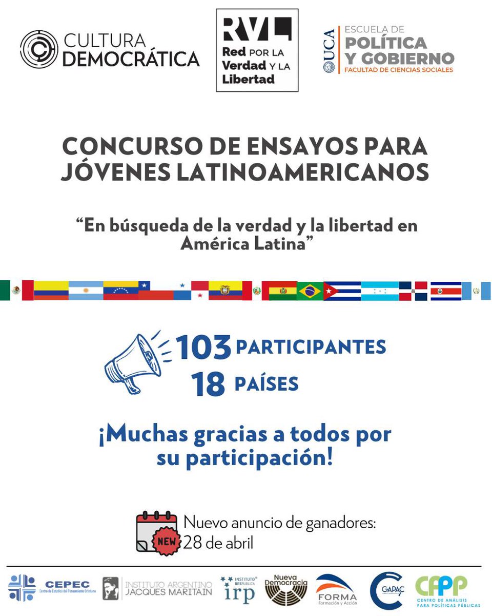 Cultura Democrática (@cultdemocratica) on Twitter photo Gracias a los 103 jóvenes de 18 países que presentaron ensayos para pensar la democracia y la libertad de la región.
📣28/04 anunciaremos los resultados junto a <a href="/RedVyL/">Red Verdad y Libertad</a> y <a href="/EPG_UCA/">Escuela de Política y Gobierno - UCA</a> Gracias a los 103 jóvenes de 18 países que presentaron ensayos para pensar la democracia y la libertad de la región.
📣28/04 anunciaremos los resultados junto a <a href="/RedVyL/">Red Verdad y Libertad</a> y <a href="/EPG_UCA/">Escuela de Política y Gobierno - UCA</a>