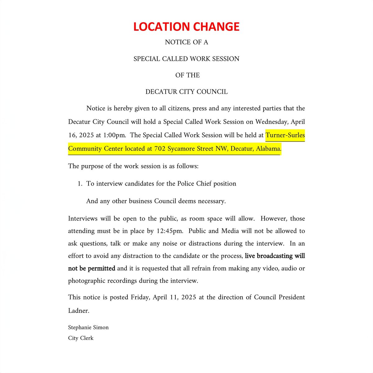 CityofDecaturAL's tweet image. 🚨 UPDATE: The Police Chief interviews will be held Wednesday, April 16 at 1 PM.

📍Location has changed to Turner-Surles Community Center (702 Sycamore St NW)

#DecaturAL #CityOfDecatur #CouncilWorkSession
