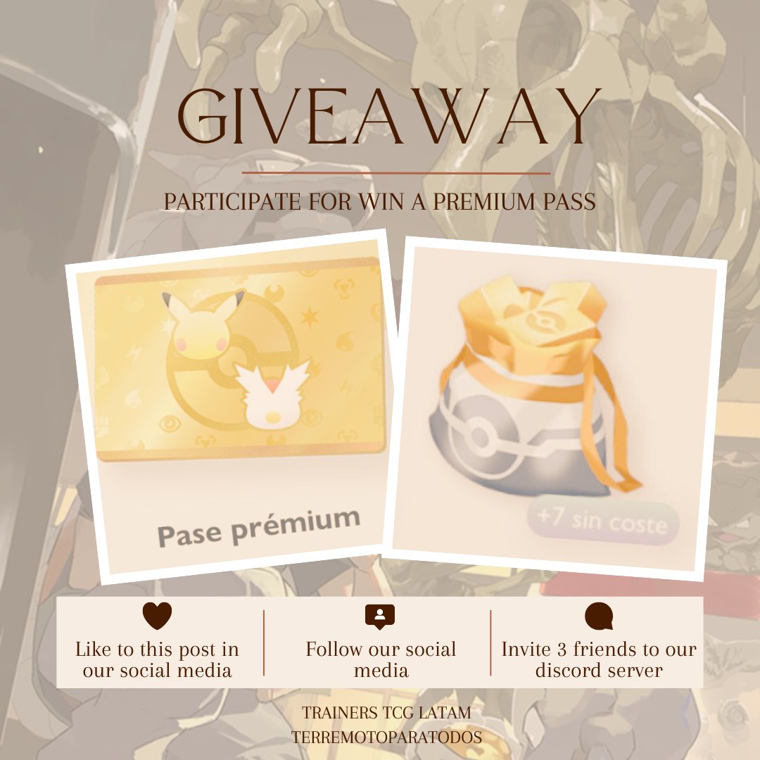 TrainersTCG's tweet photo. 🎉GIVEAWAY!🎉
Want to win one of the 3 PREMIUM PASSES we’re giving away? It’s super easy to join!

 🎁What do you need to do?
 Join to our discord for see the details!

https://t.co/r5hlhWnYez

#PokemonTCGPocket #PokemonTCG #Pokemon #Giveaway #Prize #PremiumPass #PokemonEvent https://t.co/4Xgd7n8zo9