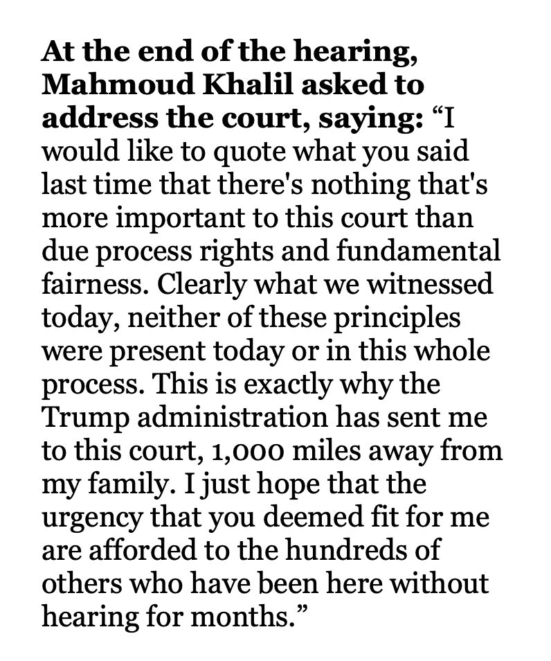 Read Mahmoud Khalil's words at the end of today's hearing, when a judge said the government could deport him for his beliefs: