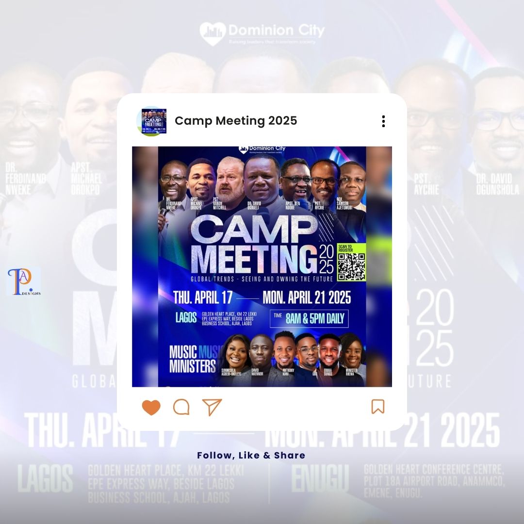 Prince Ifeanyi Anosike👑 (@princeifanosike) on Twitter photo Fill your lamps and get ready for the Camp Meeting 2025. Don't allow the distractions around you, to stop you from receiving your long expected miracle. See you there.
FOLLOW, LIKE, COMMENT AND SHARE.
#campmeeting2025
<a href="/pstdavidogbueli/">Pastor David Ogbueli</a> @dominioncitylagos @DominionCityAirforce Fill your lamps and get ready for the Camp Meeting 2025. Don't allow the distractions around you, to stop you from receiving your long expected miracle. See you there.
FOLLOW, LIKE, COMMENT AND SHARE.
#campmeeting2025
<a href="/pstdavidogbueli/">Pastor David Ogbueli</a> @dominioncitylagos @DominionCityAirforce