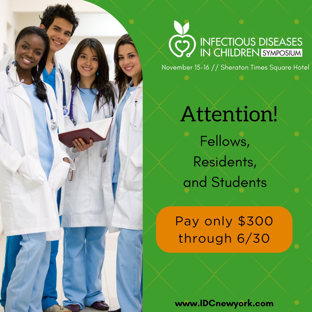 Calling all fellows, residents, and students Don’t miss your chance to attend the Infectious Diseases in Children Symposium for just $300 — now through June 30! Learn from the best, and level up your career. IDCnewyork.com #infectiousdisease #pediatrics #physician